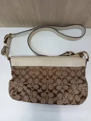 【中古品】 COACHコーチ シグネチャー ショルダーバッグ キャンバス×レザー 茶ブラウン×白ホワイト 10561 肩掛け バッグかばん 現状品