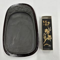 【セット販売】【書道具】アンティーク　富岡鉄斎墨＆中国硯　古硯　彫刻硯　富岡鉄斎　硯　墨