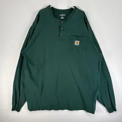 古着 カーハート Carhartt 長袖Tシャツ ヘンリーネック 肉厚 フェード ワンポイント ロゴ L  グリーン 無地 メンズ