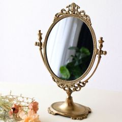 鏡 ミラー スタンドミラー 卓上ミラー おしゃれ かわいい オーバル 真鍮 テーブルミラー メイクミラー 真鍮のロココ調スタンドミラー