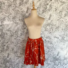 美品　EARTH MUSIC & ECOLOGY　フレアスカート　ひざ丈　総柄　裏地有　薄手　リボン　春　夏　秋【size F】　オレンジ　橙　ブラウン　茶　ゴールド　金　ベージュ　薄茶