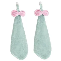 グリーン お手拭きタオル ループ付きタオル ２枚セット 可愛い蝶結び付き ハンドタオル 吸水 速乾 タオル 手拭きタオル 洗面所 キッチン 紐付きタオル 保育園 家庭用 ループタオル 女の子 男の子 プレゼント グリーン