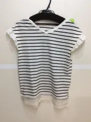 -　白×黒ボーダーフレンチ袖カットソー 袖口フリル 裾レース