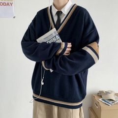 韓国 メンズ Vネック ニット セーター オーバーサイズ 学生 ネイビー 大人気