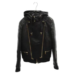 BALMAIN (バルマン) フード付きレザーライダースブルゾンジャケット ブラック W6HC896D592