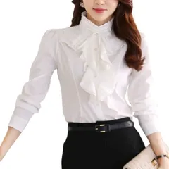 AQUA Marine フロントフリルブラウス レディース フリルネック シャツ トップス リボンタイ 立ち襟 ハイネック 無地 フォーマル 長袖 オフィス(ホワイト,  S)
