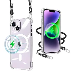 iPhone 14 用 ケース クリア Magsafe対応 マグネット搭載 ショルダー ストラップ付 iPhone14 用 携帯カバー 耐衝撃 全面保護 アイフォン14 用 スマホケース 紐付き 肩がけ 首掛け 縄掛けケース TPU 薄型 軽量 き調節可能 1