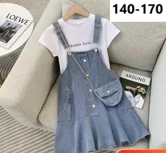 キッズ 子供服 セットアップ Tシャツ+ジャンパースカート 2点セット 春夏 デニムスカート ジャンスカ ジャンパースカート サロペットスカート  サロペットワンピース カジュアル 女の子 ゆったり  半袖 薄手 KSGA013(140-170)