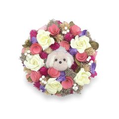 ［ 2024年 mamawreath ］フラワーリース マスコット 花 ギフト プレゼント 人形 贈り物 リース おしゃれ 玄関 インテリア お祝い 誕生日 プレゼント Mサイズ:24cm(直径)×6.5cm(厚み) (イヌブーケビオレ(CXO-WR17S-M