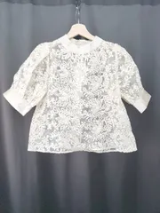 ◇ ⊂ ◎ ●未使用● GRL グレイル タグ付き レース 刺繡 五分袖 シアー カットソー サイズF ベージュ レディース E  【1506250004908】