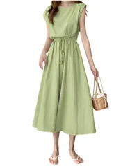 【新着商品】ワンピース 美シルエット レディース 綿麻 夏 フレンチスリーブ おしゃれ ロングワンピース ハイウエスト leaf] Aラインワンピース クルーネック [Four ナチュラルワンピース