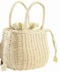 [Adgadg] かごバッグ 浴衣バッグ 草編み レディース 巾着 紐引き 手提げ ナチュラル 軽量 女性用 (ホワイト) [ホワイト]