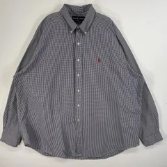 古着 90's/90年代 ラルフローレン RALPH LAUREN 長袖シャツ ロゴ 刺繍 大きいサイズ ボタンダウン XXL  ネイビー系 チェック メンズ