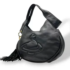 未使用級 ヴィヴィアンウエストウッド Vivienne Westwood オーブ ロゴ ハンドバッグ ワンショルダー ホーボーバッグ タッセル付き フリンジ 黒 ブラック レザー ゴールド金具 C8