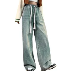 M [UQQA] ウエストゴム ワイド ジーンズ デニムパンツ レディース ハイウエスト ゆったり ルーズ 細見え ストリート 股上深め 暑くない ヒップホップ ファッション 大人カッコイイ インディゴ 可愛い きれい 部屋着 おしゃれ 大きい M
