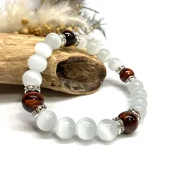 10mm キャッツアイ(ホワイト)×レッドタイガーアイ パワーストーン ブレスレット (シルバー)  メンズ・レディース [TIME]