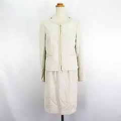 エニィスィス エニシス anySiS セットアップ スカートスーツ ジャケット 長袖 ノーカラー スカート ひざ丈 タイト ラメ フリンジ 上3 下2 ライトベージュ ※EKM