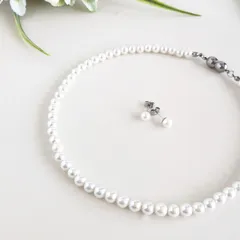 【2点Set】サージカルステンレス316(SUS)金具の6mm貝パールネックレスとピアス