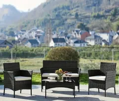 インテリア テーブル セット 4ピース 屋外 屋内 ラタンチェア パティオ ラブシート おしゃれ テーブルとベージュクッション 裏庭 芝生 ポーチ 庭 バルコニー用 ブラック2人用 3人用 4人用 タップ アウトドア ベランダ おしゃれ 高級 家具 4点セット