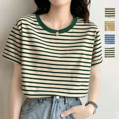 ボーダー半袖Tシャツ レディース カジュアル 10代 20代 30代 韓国ファッション 韓国 春 秋服 夏服 可愛い シンプル 着回し 定番のサムネイル