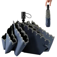 折りたたみ傘 丈夫 軽量 250g 日傘 uvカット 自動開閉 大きい 遮光遮熱 折り畳み傘 女性 晴雨兼用 レディース 紫外線カット 6本骨 耐風撥水 コンパクト 星柄刺繍 母の日プレゼント (ネイビー)