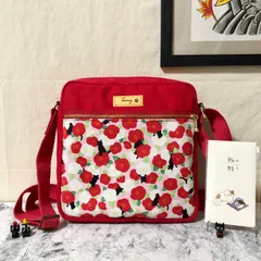 ★セール品(現品限り) 猫柄ミニショルダーバッグ 黒猫と花 レッド ファスナーポケット 両面ポケット 猫柄内ポケット付き ハンドメイド レディース 帆布バッグ