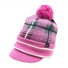 【美品】ナイキ つば付きニット帽 ピンク×グレー チェック ボンボン付き レディース FREE ゴルフウェア NIKE