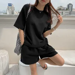 【⭐︎Y3⭐︎専用】◼️2枚セット◼️ルームウェア 上下セット レディース 女性 セットアップ 部屋着 コットンブレンド 夏 涼しい 短パン 半袖 黒 ブラック リラックスウェア カジュアルビーチコーデ 海 l005aのサムネイル
