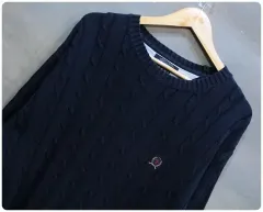 90s Tommy Hilfiger(トミーヒルフィガー) 月桂樹ロゴ ロゴ コットン ケーブル ニット セーター (男性 XL ）