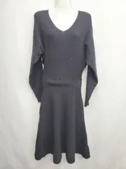 ◇ ⊇ LAGUNAMOON ラグナムーン Vネック フレア 長袖 膝下丈 ニット ワンピース サイズS ネイビー レディース E  【1507010015912】