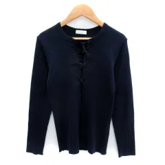 B&Y ユナイテッドアローズ BEAUTY&YOUTH ビューティー&ユース リブカットソー 長袖 スリットネック 無地 レースアップリボン 紺 ネイビー /SY25