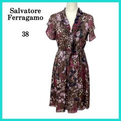 美品 Salvatore Ferragamo サルヴァトーレフェラガモ ワンピース ひざ丈 Vネック リボン 半袖 フレア エレガント レディース ブラウン ピンク 花柄 38 絹 イタリア製