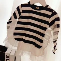 KIDS　ロンT　チュール　フリル　ボーダー　長袖　Tシャツ　韓国風　韓国子供服　70サイズ　80サイズ