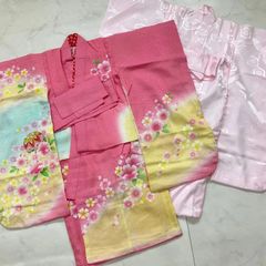 七五三 着物(7才花柄 ピンク系)、長襦袢、前板、伊達締め、しごき