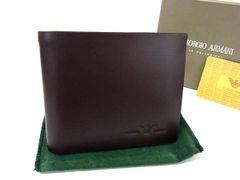 未使用新品 ジョルジオ アルマーニ 編み目レザー 二つ折り財布 茶