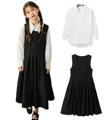 ブラック_160 [VIISEN] 子供服 女の子 ワンピース キッズ 長袖 シャツ＋ ノースリーブ ワンピース 2点 セット ガールズ フォーマル スーツ 入学式 卒業式 通学 発表会 結婚式 子供 洋服 学園風 110 120 130 140 150 16