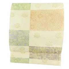 山口美術織物 袋帯 正絹 桜 唐織 吉永小百合 クリーム色 金糸 市松 花 菊 桐 仕立て上がり 礼装用 フォーマル 結婚式 お洒落 No.6-1896