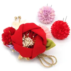 髪飾り ３点セット  京都 西陣 和小物 京あそび 椿 つまみ細工 赤 成人式 花 和風 浴衣 着物 振袖 袴 七五三 子供 キッズ 結婚式お呼ばれ 卒業式 入学式 ヘアアクセサリー コーム 髪留め 日本製 W 85 CM-4-760 u988　Si