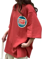 myuse tシャツ レディース 半袖 ゆったり ロゴ トップス オーバーサイズ ティーシャツ ルームウェア( レッド,  XL)