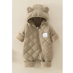 ☆ カーキ ☆ 66cm ☆ ベビージャンプスーツ pk23113 ベビー ジャンプスーツ カバーオール ロンパース アウター ベビー服 子供服 長袖 フード付き ファスナー 前開き 裏起毛 防寒 あたたかい お出かけ お散歩 雪遊び かわいい カワイイ