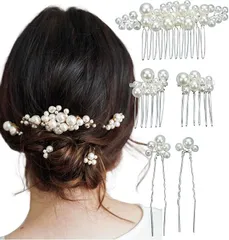 Herbeluemily(ハベルミリィ) 髪飾り ヘッドドレス ヘアアクセサリー ヘアピン パール 5点セット ウェディング 結婚式(パールxシルバー)
