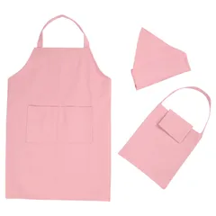 キッズエプロン新品エプロン三角巾収納袋3点セット　かぶるだけ　1人で着られる　薄ピンク防水加工マジックテープ式名前タグ付き エプロン おしゃれ 学校用 料理実習 防水 家庭用 薄ピンク
