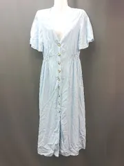 ◇ ZARA vネック 無地 シンプル 薄手 半袖 ロング ワンピース サイズM ブルー系 レディース E  【1310050024574】