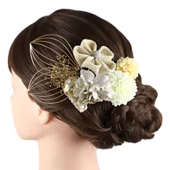 髪飾り 成人式 水引 つまみ細工 振袖 前撮り 袴 花 3点セット ベージュ クリーム色 ゴールド シルバー ナチュラルカラー 白 玉 No.12-0990