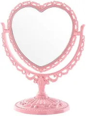 Queen-b 卓上 ミラー ハート 型 かわいい お洒落 メイク アップ コスメ 美容 化粧 鏡 スタンド 360度 回転 女の子 お姫様 便利 デスク プレゼント( ピンク)