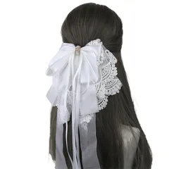 Alpha Depot ビッグリボンバレッタ 大きめ 髪留め ロリータ ゴスロリ コスプレ 韓国風 甘め 地雷系 病みかわ 量産型 クリップ付き (ホワイト, レース付き) [ホ���イト] [レース付き]