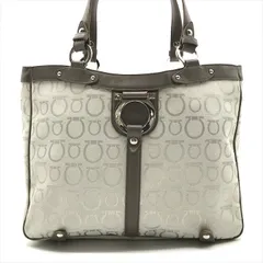良品 Ferragamo フェラガモ キャンバス レザー トート バッグ グレージュ シルバー金具 k3489