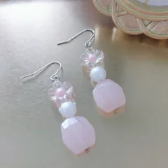 ♡ハンドメイドアクセサリー ピンククリアフラワー コットンパールピアス♡013