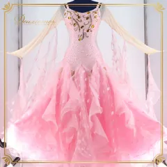 社交ダンス 衣装 スタンダード スタンダードドレス 社交ダンスドレス ワンピース フロート ピンク系 デモ 競技 可愛いドレス 華やか スカート 4枚重ね フェミニン ダンス衣装 女性用 ドレス サイズM おしゃれ バルーンスカート 胸パッド付き 衣装用
