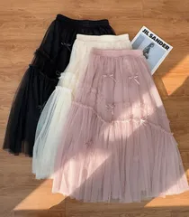 チュールスカート レディース ロングスカート フレアスカート スカート ウエストゴム 動きやすい ゆったり 体型カバー きれいめ ーディー